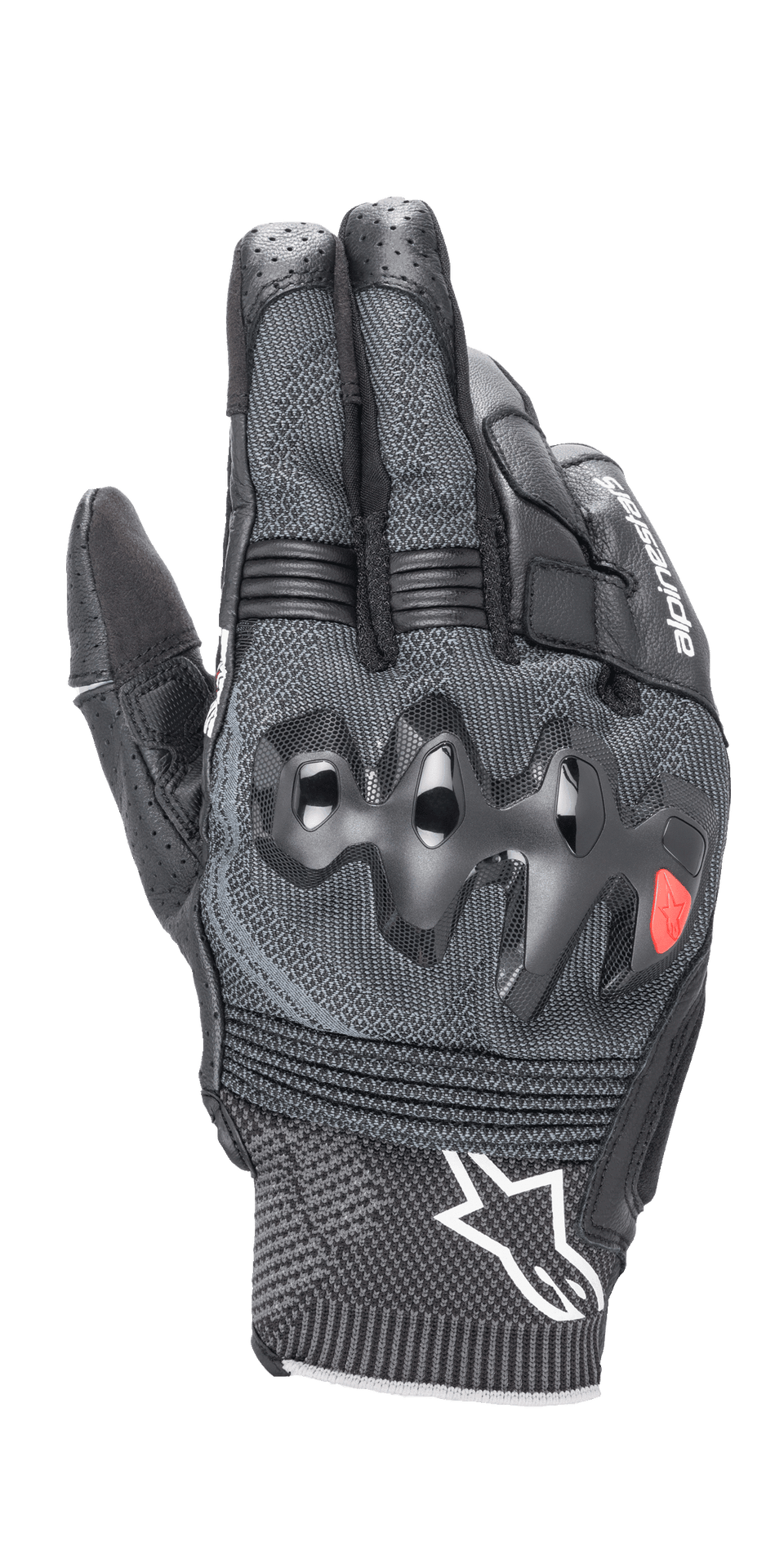 Alpinestars Morph Sport Gloves, Motorcycle Riding Gloves, Black and Gray, over-injected dual-density knuckle protection, textured MorphTech Weave™ backhand with RIDEKNIT® inserts, and white Astar logo on the cuff
