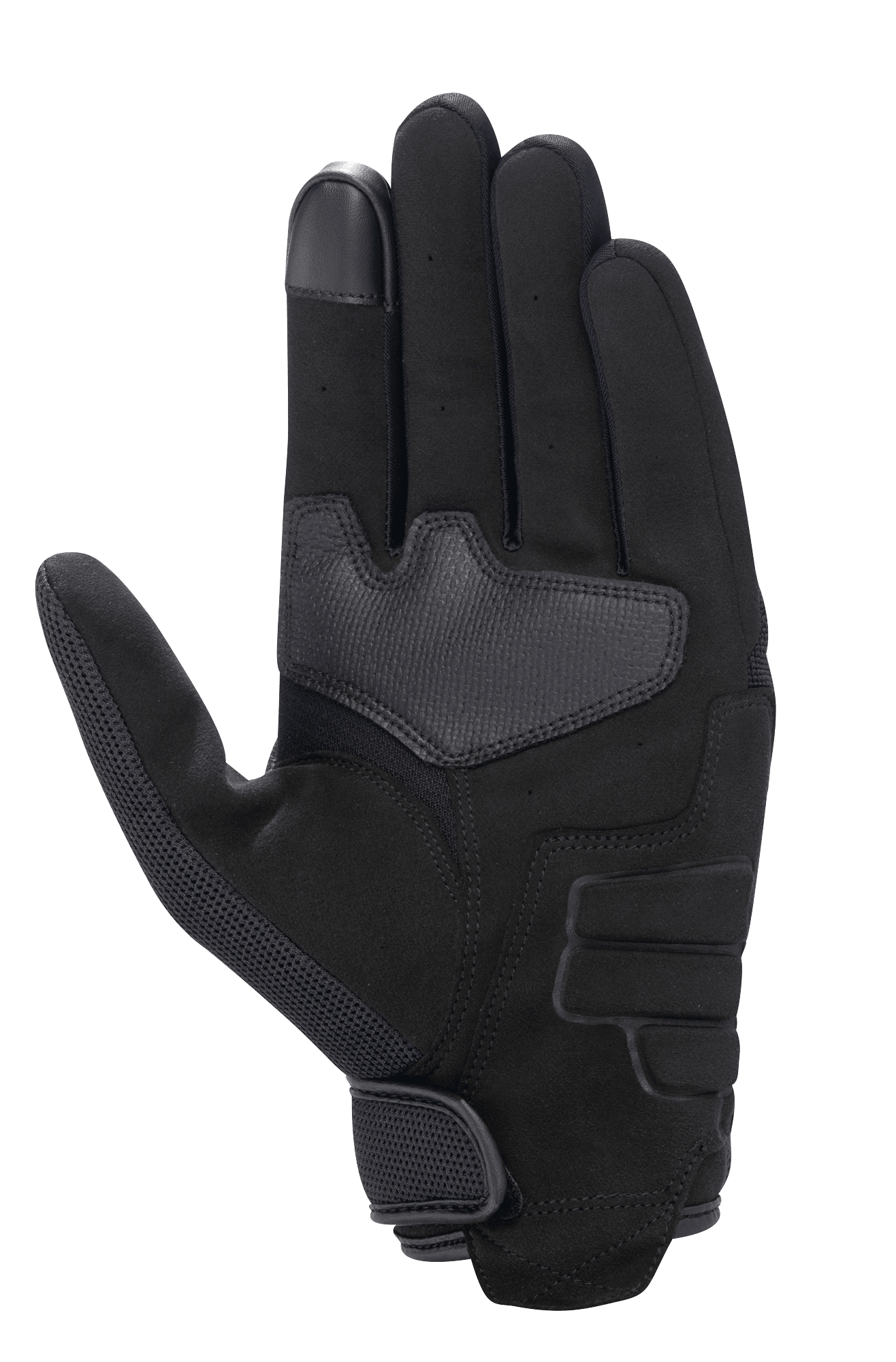 Alpinestars Honda Copper Handschuh, Schwarz, Ansicht der Handfläche des urbanen Motorradhandschuhs mit Konstruktion aus synthetischem Wildleder, verstärktem Handflächenbereich, touchscreen-kompatibler Fingerspitze und Klettverschluss am Handgelenk.
