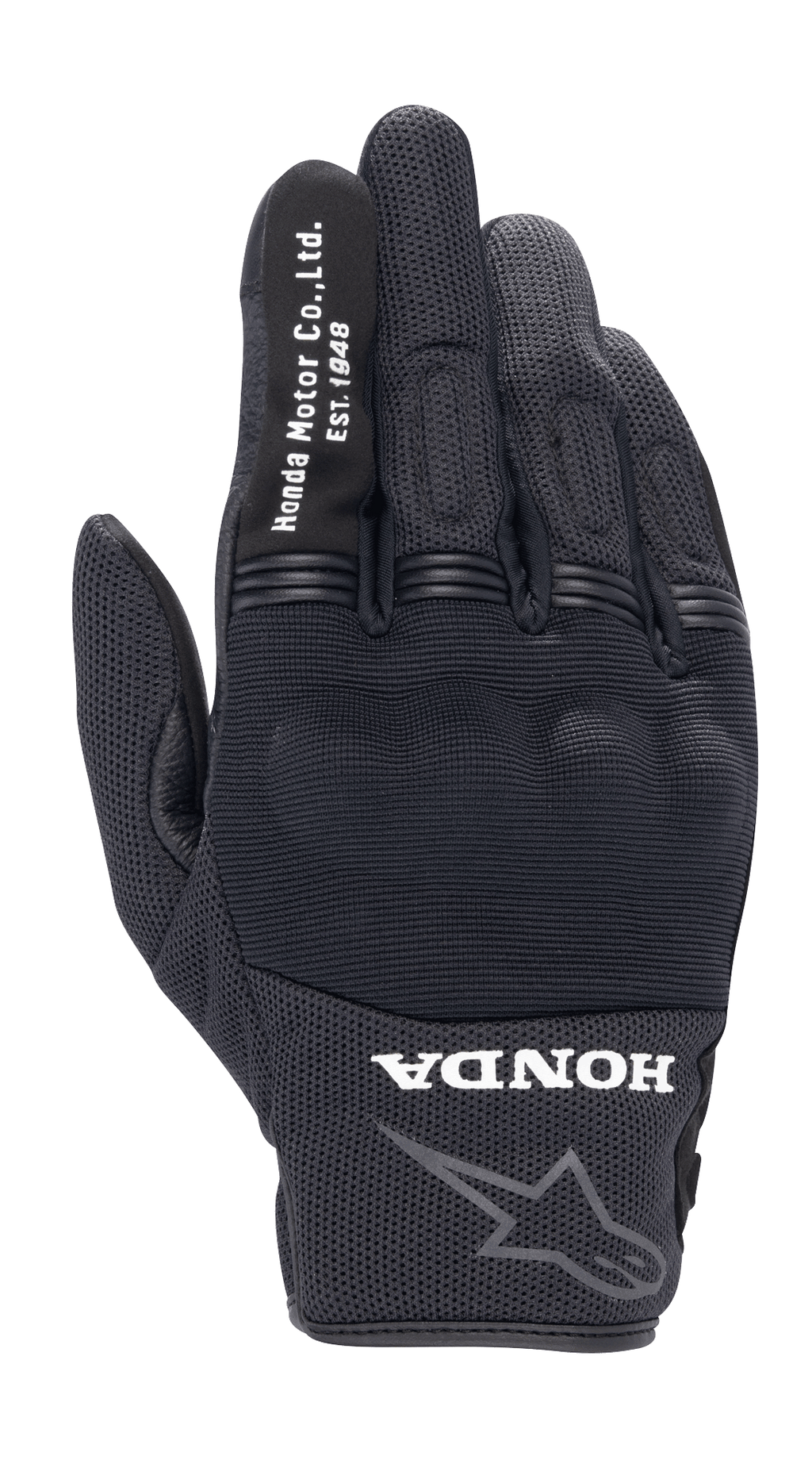 Alpinestars Honda Copper Handschuh, Schwarzer Urban-Motorradhandschuh, Strukturierte Mesh-Konstruktion, Weißer „Honda Motor Co. Ltd. Est. 1948“-Schriftzug auf dem Zeigefinger, „HONDA“-Logo und Alpinestars-Stern-Umriss am Handgelenk, Harter Knöchelschutz, Leichte Ausrüstung für Straßenfahrten