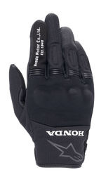 Alpinestars Honda Copper Handschuh, Schwarzer Urban-Motorradhandschuh, Strukturierte Mesh-Konstruktion, Weißer „Honda Motor Co. Ltd. Est. 1948“-Schriftzug auf dem Zeigefinger, „HONDA“-Logo und Alpinestars-Stern-Umriss am Handgelenk, Harter Knöchelschutz, Leichte Ausrüstung für Straßenfahrten