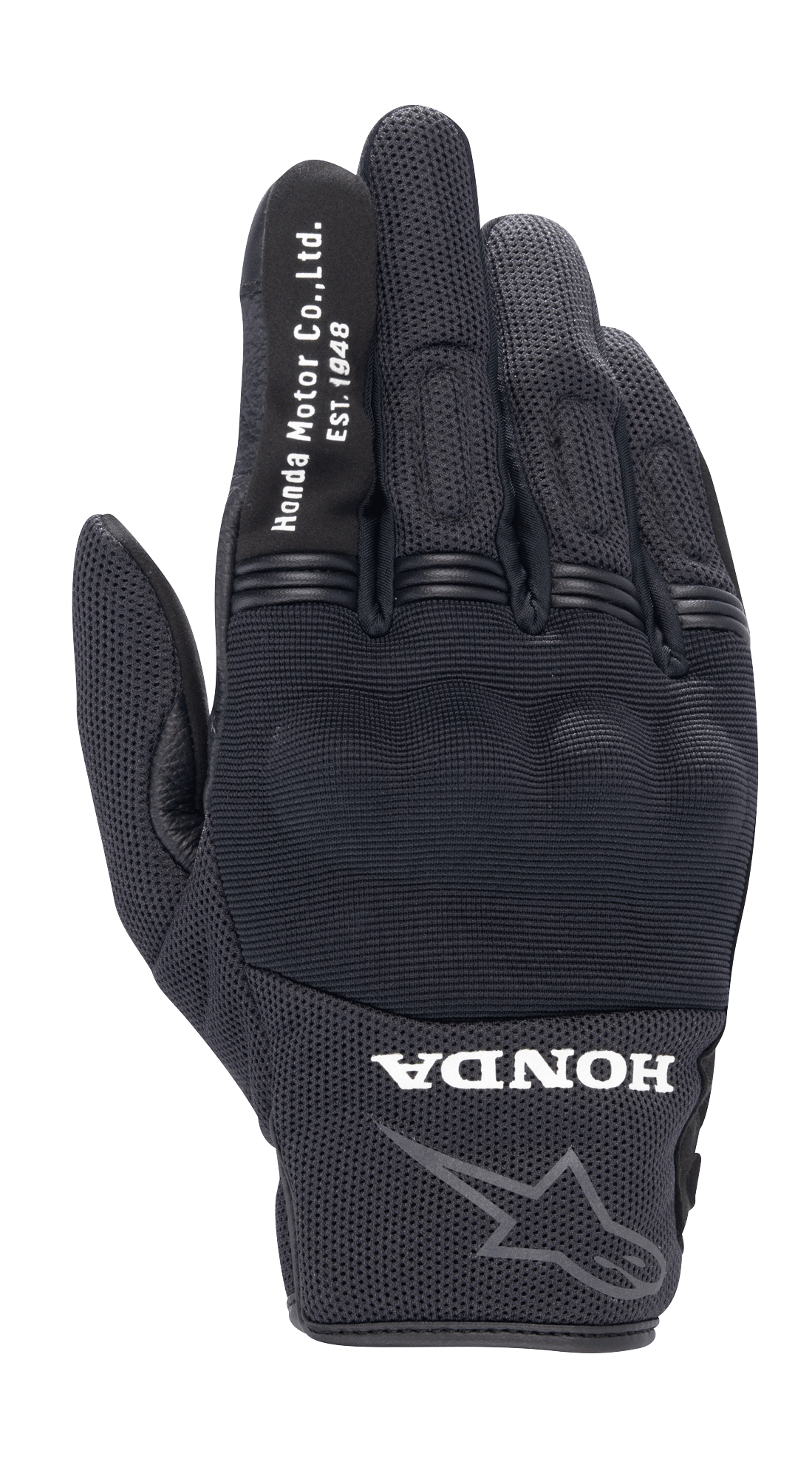 Alpinestars Honda Copper Handschuh, Schwarzer Urban-Motorradhandschuh, Strukturierte Mesh-Konstruktion, Weißer „Honda Motor Co. Ltd. Est. 1948“-Schriftzug auf dem Zeigefinger, „HONDA“-Logo und Alpinestars-Stern-Umriss am Handgelenk, Harter Knöchelschutz, Leichte Ausrüstung für Straßenfahrten