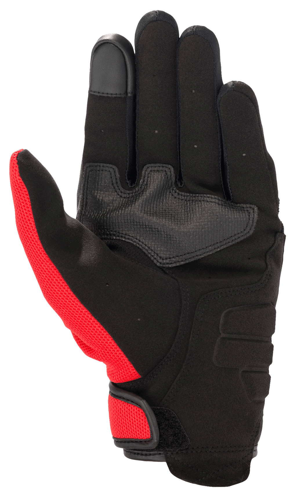 Alpinestars Honda Copper Handschuh, urbaner Motorradhandschuh, Schwarz mit leuchtend roten Akzenten, Handflächenansicht mit vollsynthetischem Wildleder, verstärkter Handflächenbesatz, Touchscreen-kompatible Fingerspitze und Klettverschluss.