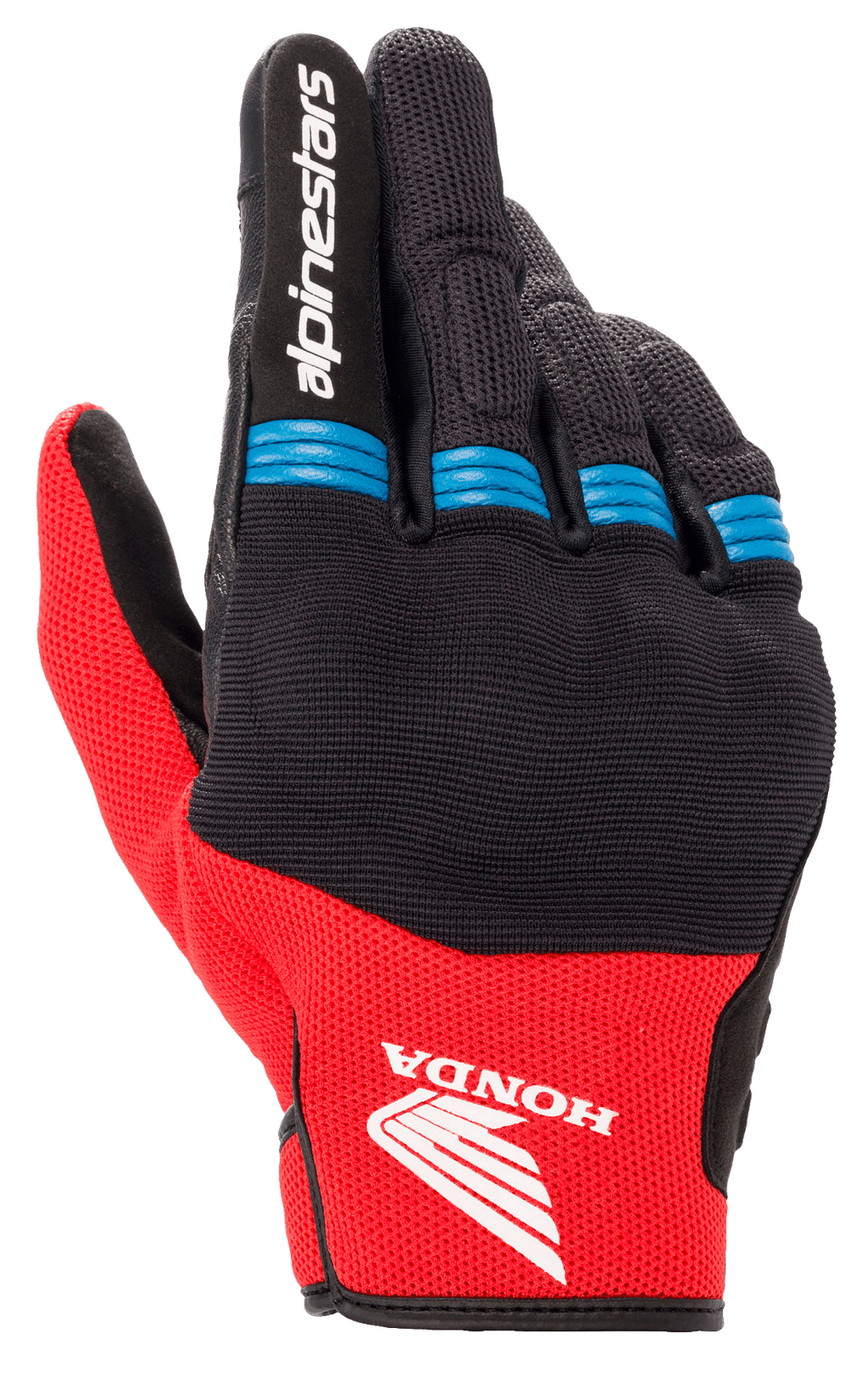 Alpinestars Honda Copper Handschuhe, Motorradhandschuhe, Schwarz und leuchtendes Rot mit blauen Akzenten, mit Honda-Flügel-Logo auf dem Handrücken, Alpinestars-Logo auf dem Zeigefinger, Mesh-Gewebe mit Akkordeon-Einsätzen an den Fingern, kurzes Bündchen im urbanen Stil