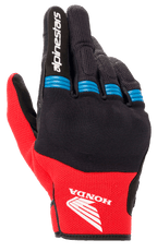 Alpinestars Honda Copper Handschuhe, Motorradhandschuhe, Schwarz und leuchtendes Rot mit blauen Akzenten, mit Honda-Flügel-Logo auf dem Handrücken, Alpinestars-Logo auf dem Zeigefinger, Mesh-Gewebe mit Akkordeon-Einsätzen an den Fingern, kurzes Bündchen im urbanen Stil