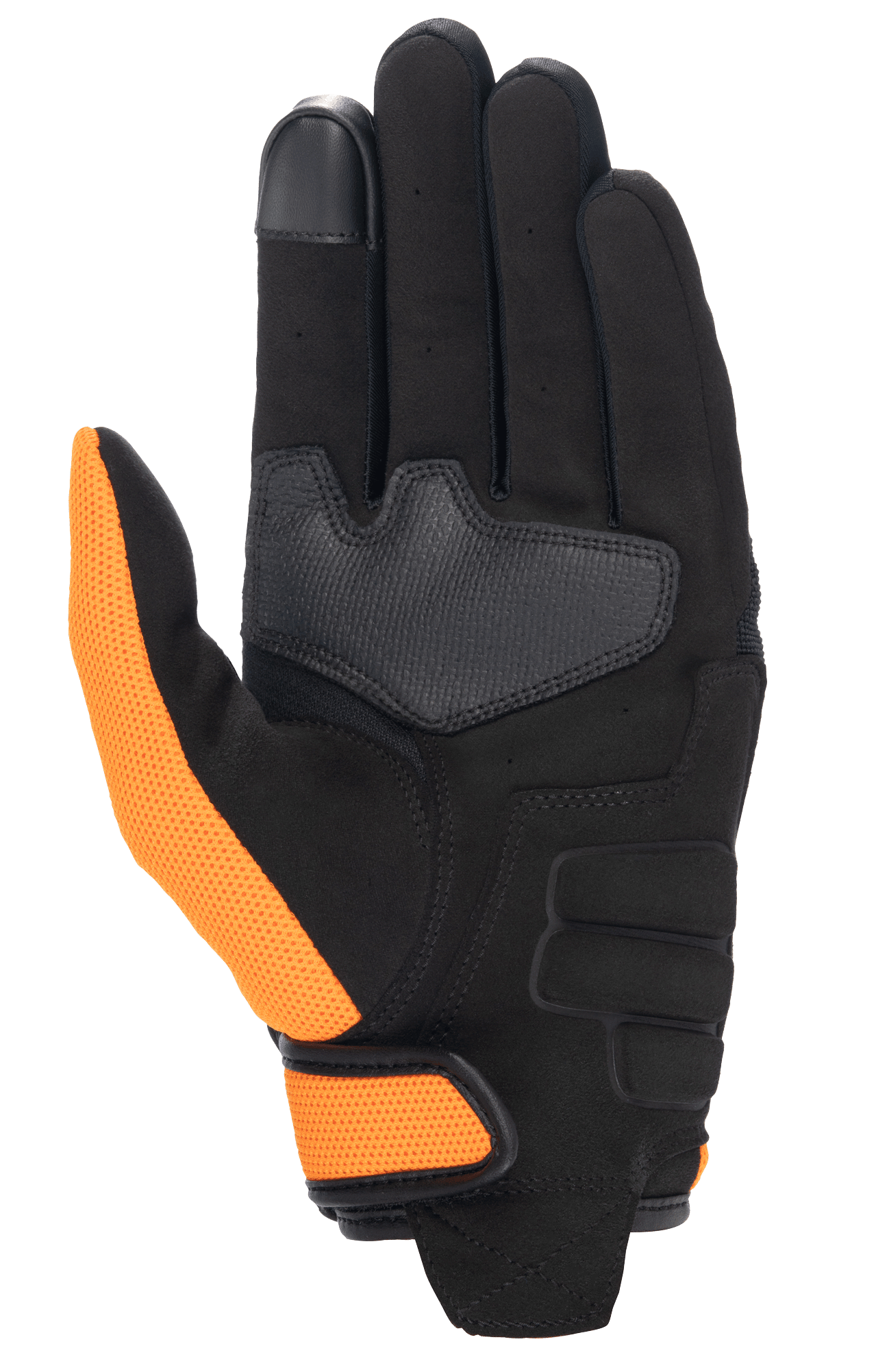 Honda Copper Handschuh, Motorradhandschuh, Schwarz und Orange, Handflächenansicht mit synthetischer Wildleder-Handfläche, orangefarbenem Mesh-Daumen und Handgelenkriemen sowie Touchscreen-kompatibler Zeigefingerspitze.
