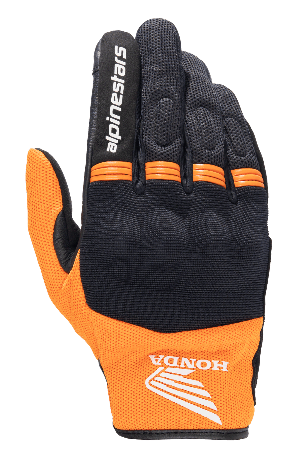 Alpinestars Honda Copper Handschuh, leichter Urban-Motorradhandschuh, Schwarz und Orange, mit Honda-Flügel-Logo am Handgelenk, Alpinestars-Schriftzug auf dem Zeigefinger, Mesh-Konstruktion und orangefarbenen Akkordeon-Einsätzen an den Knöcheln