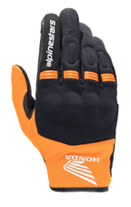 Alpinestars Honda Copper Handschuh, leichter Urban-Motorradhandschuh, Schwarz und Orange, mit Honda-Flügel-Logo am Handgelenk, Alpinestars-Schriftzug auf dem Zeigefinger, Mesh-Konstruktion und orangefarbenen Akkordeon-Einsätzen an den Knöcheln