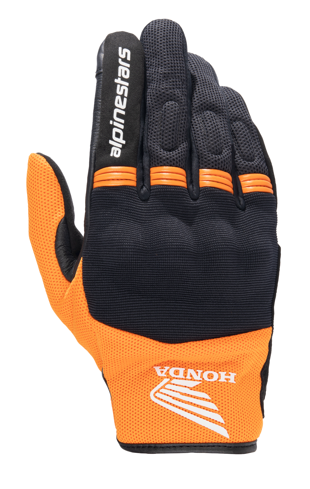 Alpinestars Honda Copper Glove, Lightweight Urban Motorcycle Glove, Black and Orange, featuring the Honda wing logo on the wrist, Alpinestars text on the index finger, mesh construction, and orange accordion panels on knuckles.