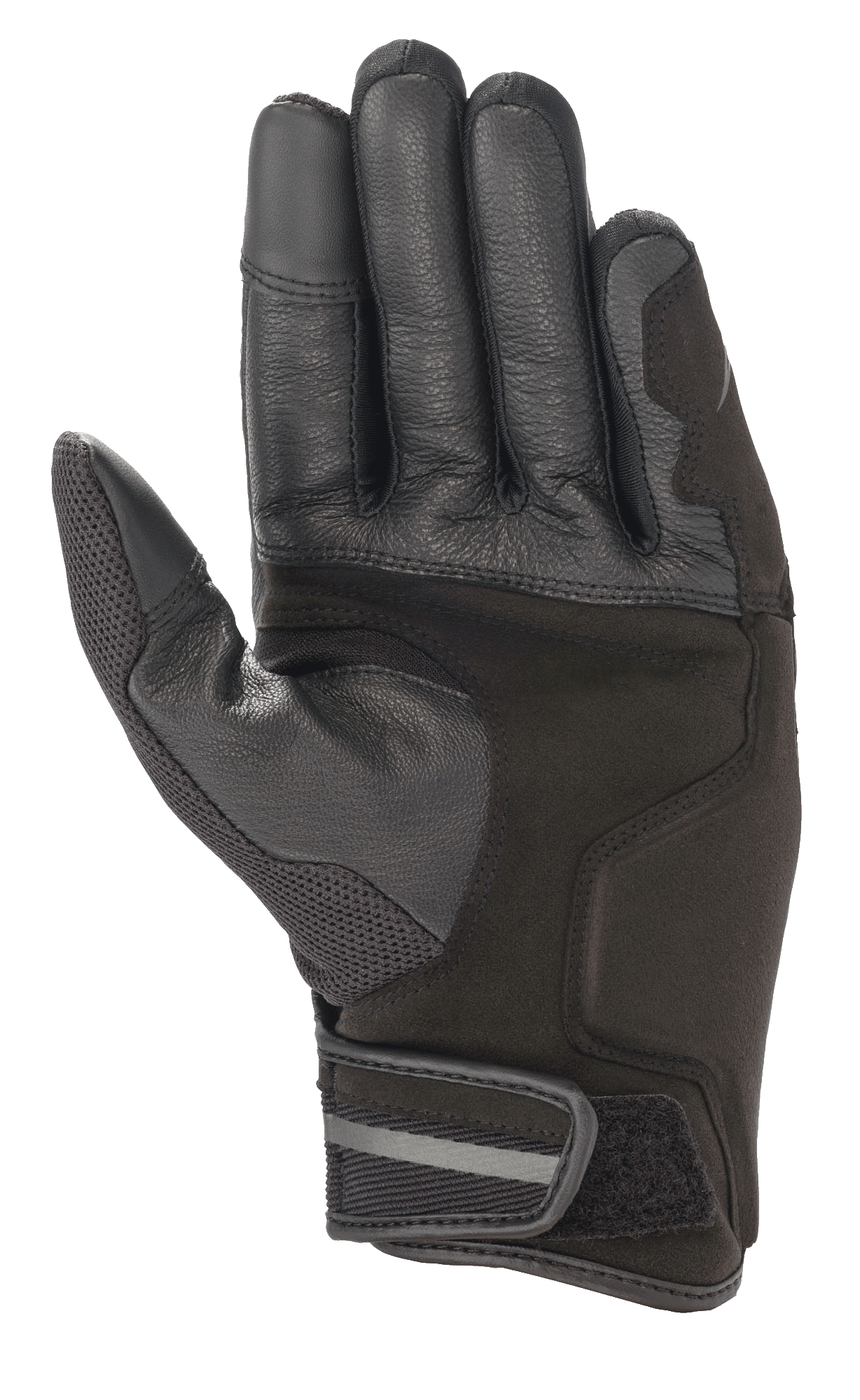 Alpinestars Chrome Handschuhe, Motorradhandschuhe, Black Forest, Handflächenansicht mit verstärkter Leder- und Kunstvelourslederkonstruktion, Mesh-Einsatz am Daumen, kurze Stulpe mit verstellbarem Klettverschluss und reflektierendem Detail