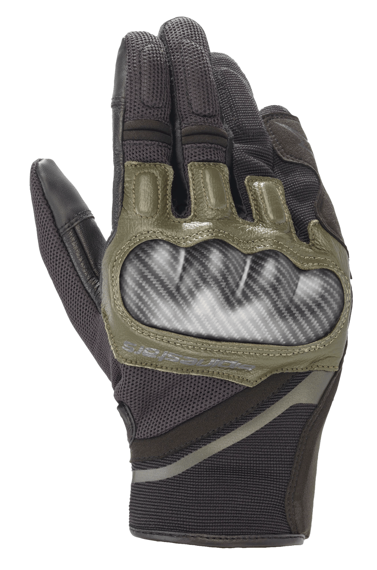 Alpinestars Chrome Handschuhe, Motorradhandschuhe, Schwarz und Forest Green, mit hartem Knöchelschutz im Carbon-Look, olivgrünen Lederakzenten und strapazierfähiger mehrteiliger Textilkonstruktion