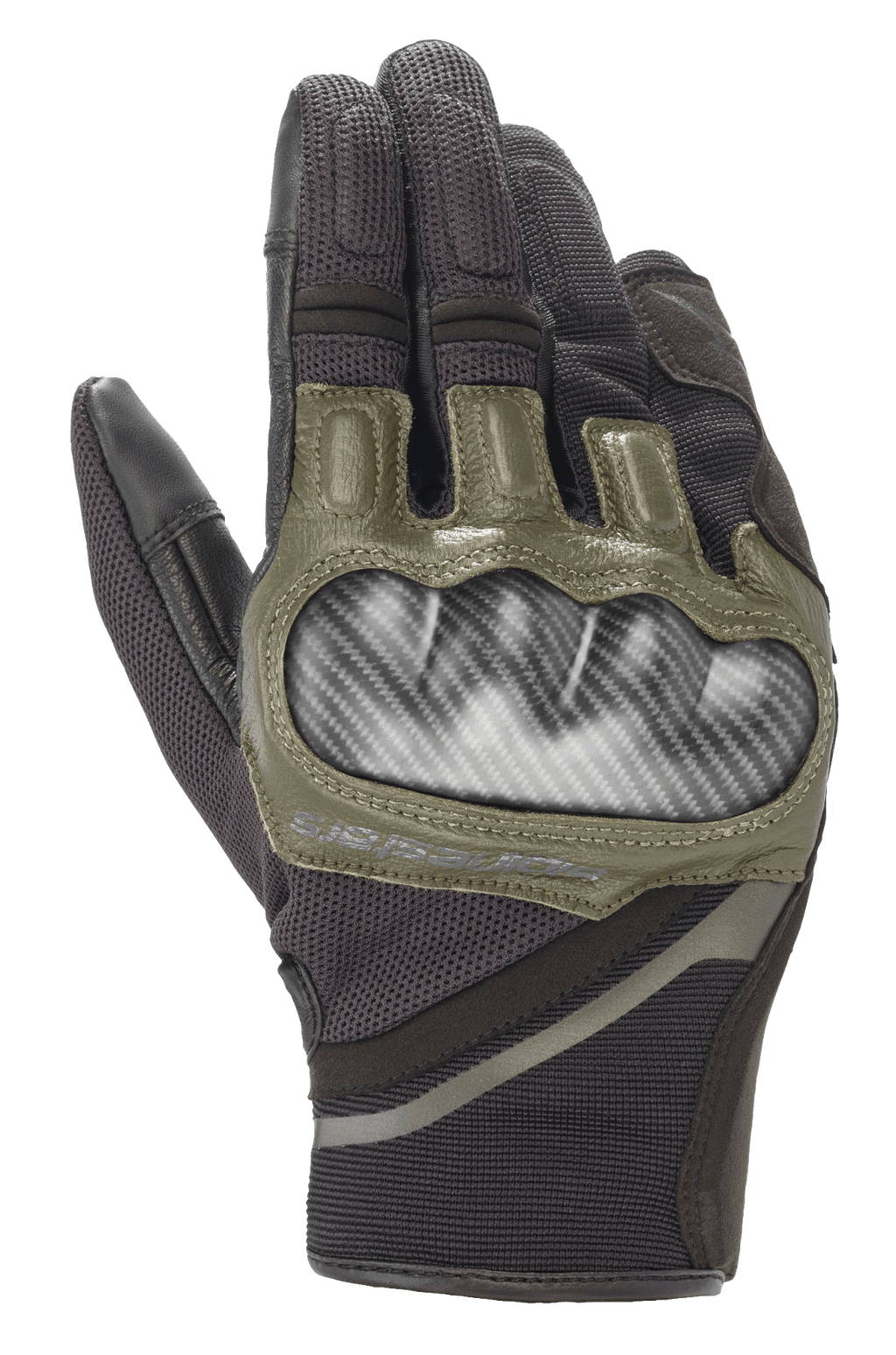 Alpinestars Chrome Handschuhe, Motorradhandschuhe, Schwarz und Forest Green, mit hartem Knöchelschutz im Carbon-Look, olivgrünen Lederakzenten und strapazierfähiger mehrteiliger Textilkonstruktion