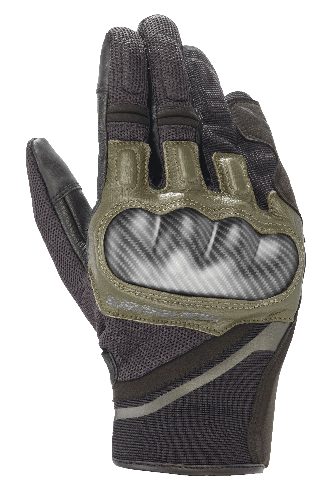 Alpinestars Chrome Handschuhe, Motorradhandschuhe, Schwarz und Forest Green, mit hartem Knöchelschutz im Carbon-Look, olivgrünen Lederakzenten und strapazierfähiger mehrteiliger Textilkonstruktion