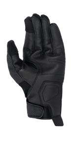 Alpinestars Morph Street Handschuhe, Schwarz, Handflächenansicht eines Motorradhandschuhs mit kurzer Stulpe, zeigt die strukturierte Lederinnenhand, touchscreen-kompatible Fingerspitzen und verstellbarer Handgelenkverschluss, urbane Fahrausrüstung