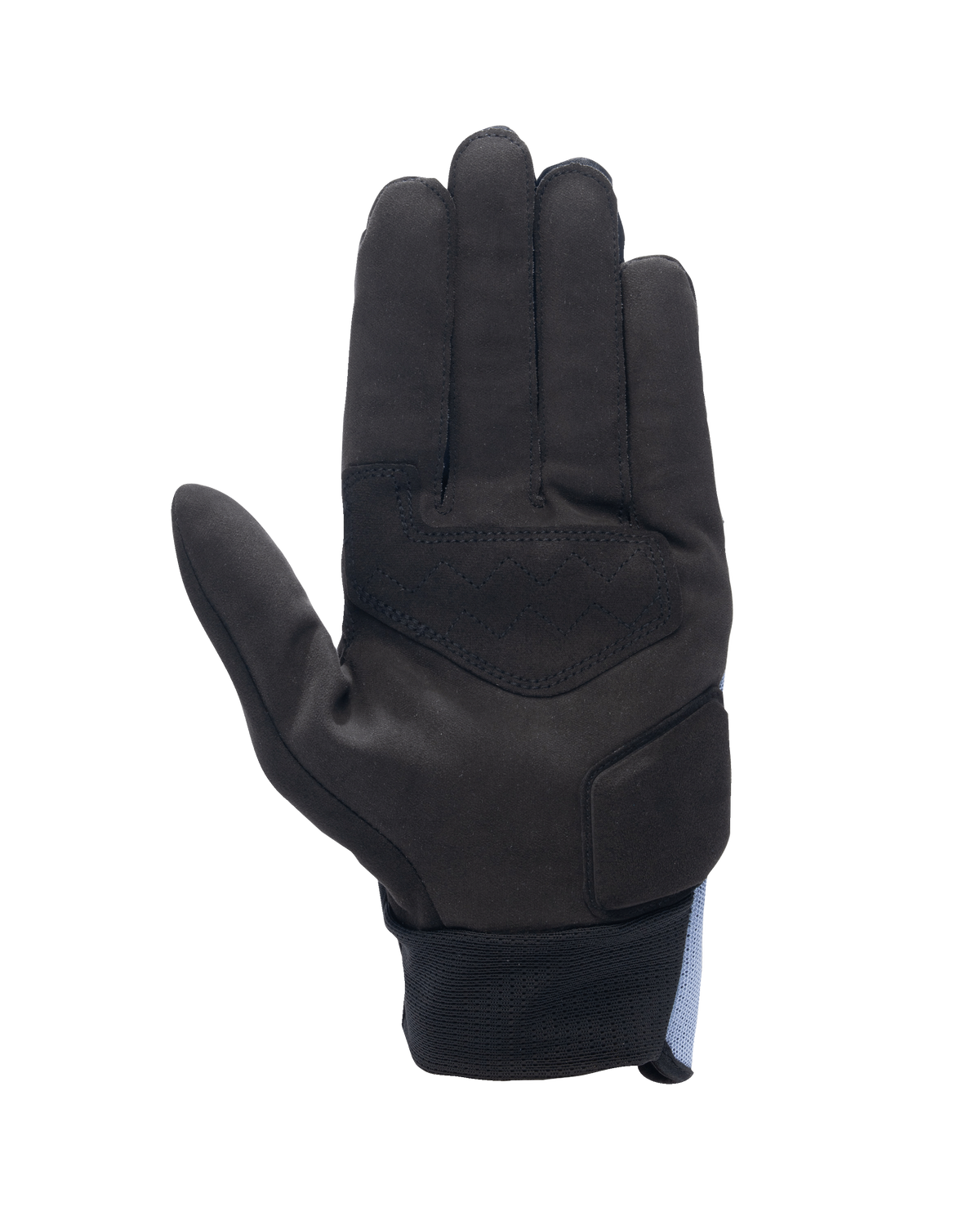 Alpinestars Stated Air Handschuhe, Handflächenansicht, Stonewash Blue Black, Handfläche aus schwarzem synthetischem Wildleder mit Verstärkungen, gerippter Handgelenkverschluss, stromlinienförmiges Design für urbanes Motorradfahren im Sommer