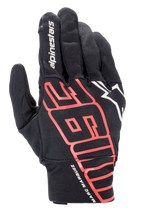 Alpinestars Aragon Glove, Urban Motorcycle Glove, Black and Bright Red, featuring large stylized MM93 graphics and Marc Marquez signature on the wrist, white Alpinestars logo, stretch textile construction for lightweight breathability.