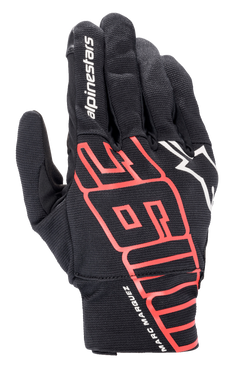 Alpinestars Aragon Glove, Urban Motorcycle Glove, Black and Bright Red, featuring large stylized MM93 graphics and Marc Marquez signature on the wrist, white Alpinestars logo, stretch textile construction for lightweight breathability.