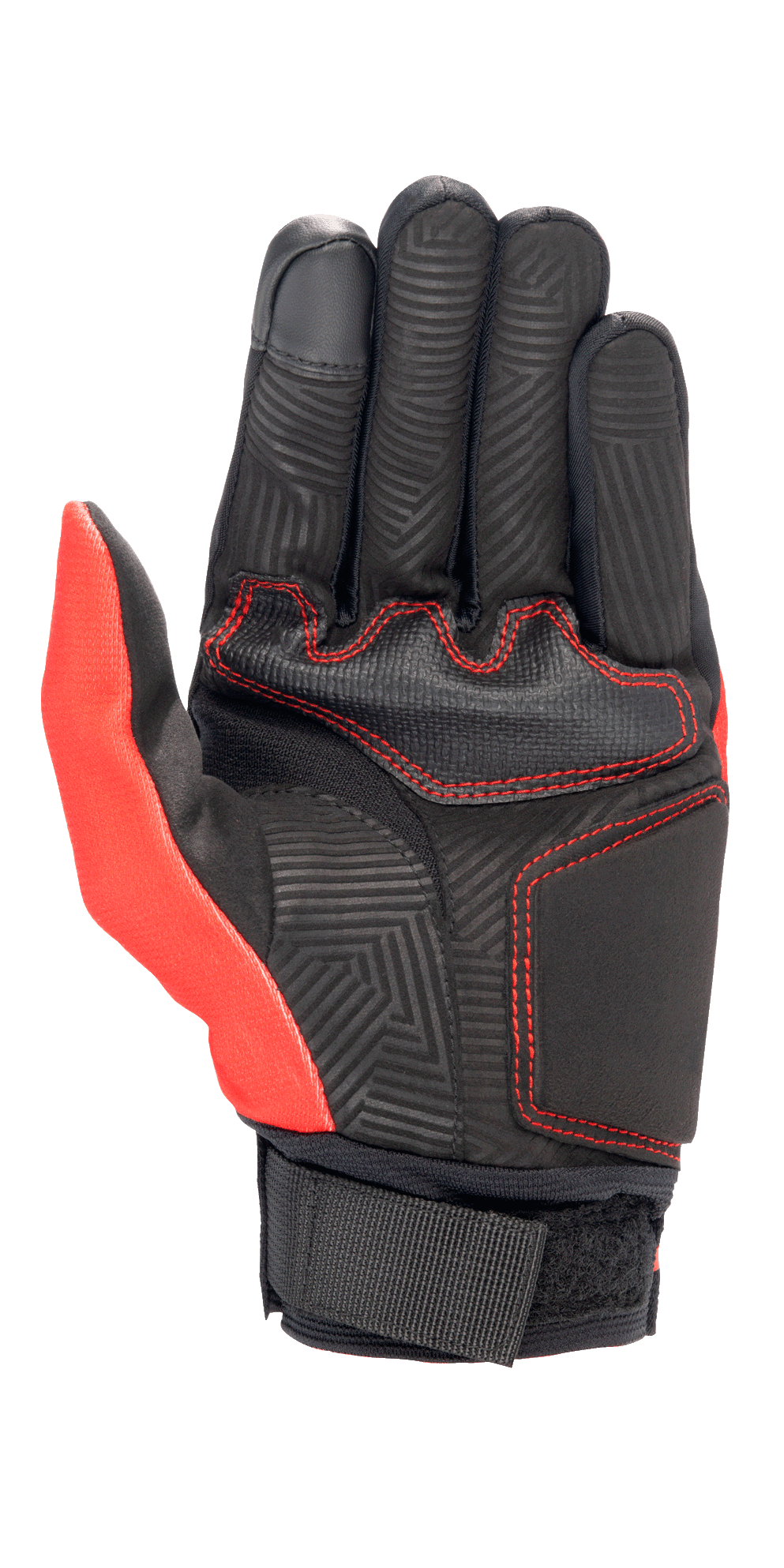 Alpinestars Aragon Handschuh in Hellrot und Schwarz, Handflächenansicht mit Konstruktion aus synthetischem Wildleder, roten Kontrastnähten, Labyrinthmuster-Heißprägung auf den Fingern und der Handfläche sowie einem schwarzen Gurtband-Handgelenkverschluss.