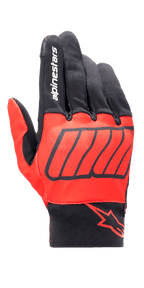 Alpinestars Aragon Handschuh, Motorradhandschuhe, Rot und Schwarz, Marc Marquez MM93-Kollektion, mit weißem Alpinestars-Schriftzug auf dem Zeigefinger und rotem Stern-Logo am Handgelenk, strukturiertes Stretch-Gewebe mit diagonalen Grafiken, urbanes Fahr-Design