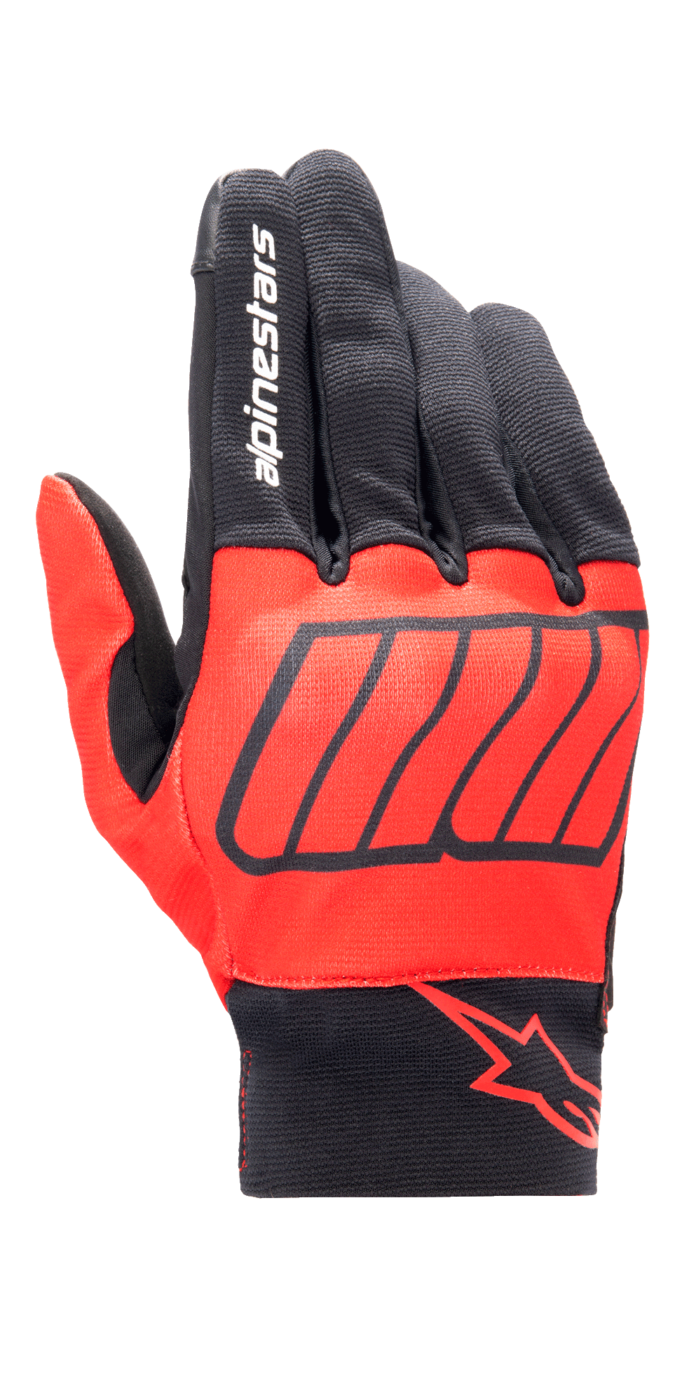 Alpinestars Aragon Handschuh, Motorradhandschuhe, Rot und Schwarz, Marc Marquez MM93-Kollektion, mit weißem Alpinestars-Schriftzug auf dem Zeigefinger und rotem Stern-Logo am Handgelenk, strukturiertes Stretch-Gewebe mit diagonalen Grafiken, urbanes Fahr-Design