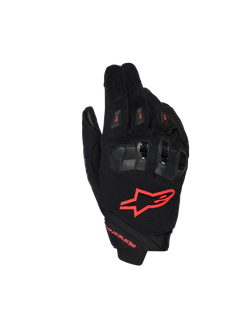Alpinestars SP X 1 Handschuhe, Motorrad-Rennhandschuhe, Schwarz und Rot Fluo, rotes Logo auf der Oberhand, ergonomische schwarze Knöchelprotektoren, Mesh-Textil-Konstruktion, schlankes Design mit kurzem Bündchen für sportliches Fahren