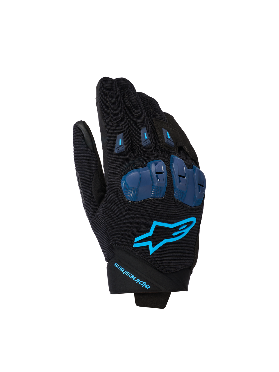 Alpinestars SP X 1 Handschuhe, Motorradhandschuhe, Schwarz und Blithe Blue, mit blauen TPR-Knöchelprotektoren, hellblauem Stern-Logo auf dem Handrücken, Stretchgewebe-Konstruktion, sportliches Design mit leistungsorientierten Details