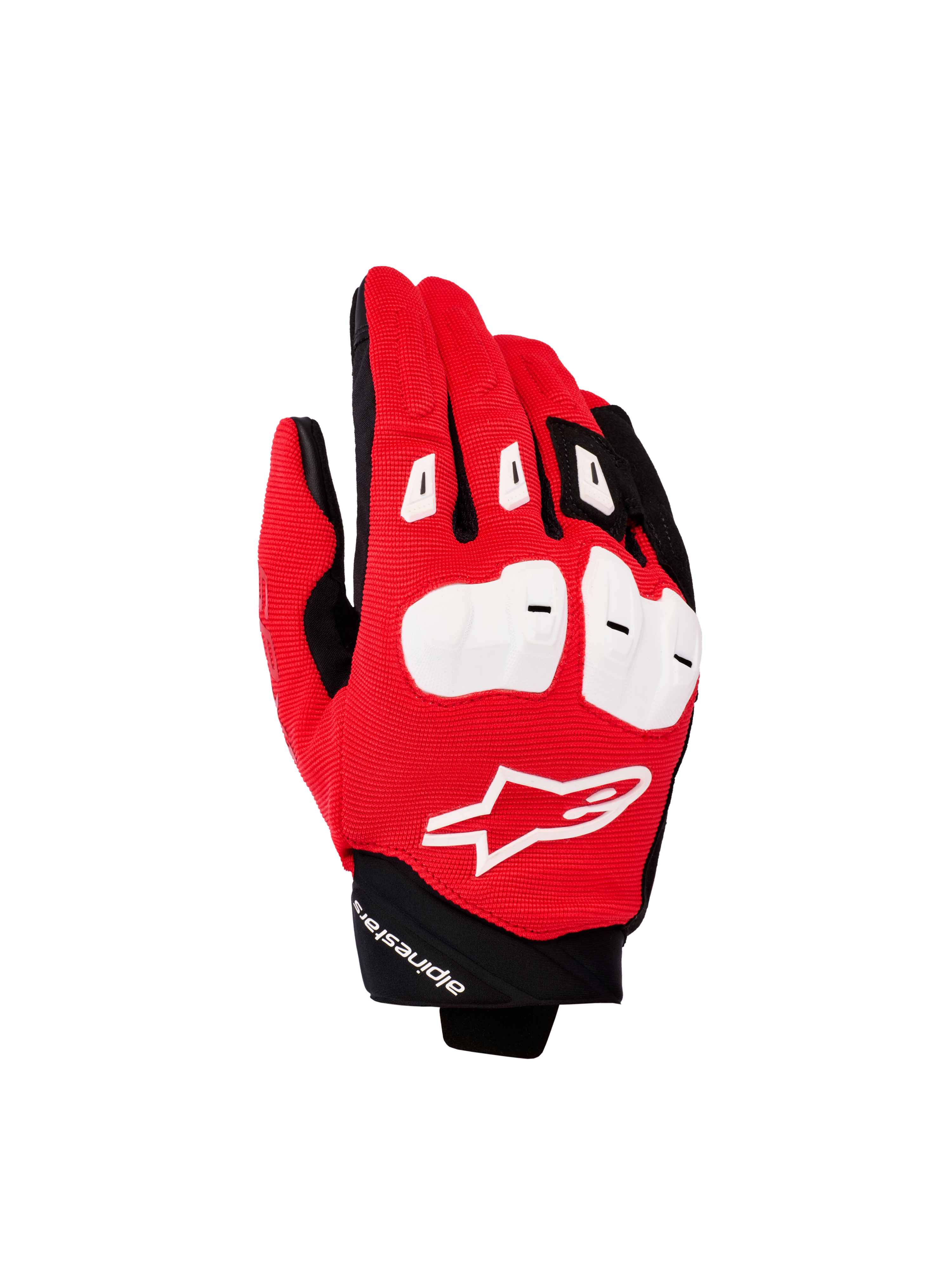 Alpinestars SP X 1 Handschuhe, Motorrad-Sporthandschuhe, Leuchtendes Rot, Schwarz und Weiß, mit weißen TPR-Knöchelprotektoren, texturierter roter Handrücken mit weißem Astars-Logo, kurze schwarze Manschette, Performance-Fahrausrüstung