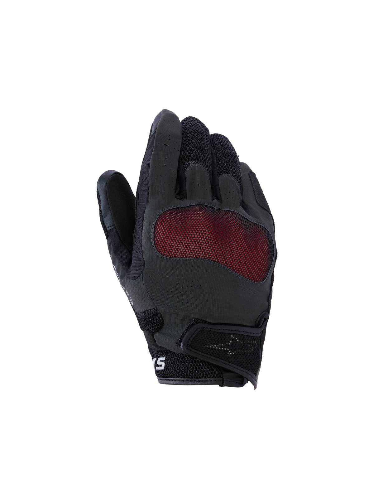 Alpinestars Mogress Airflow Handschuhe, Motorradhandschuhe, Schwarz und Rot, Ansicht des Handrückens mit rotem Mesh-Knöchelschutz, atmungsaktive 3D-Mesh-Einsätze, kurzes Bündchen mit Klettverschluss, urbaner Fahrstil