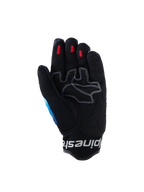 Alpinestars Mogress Airflow Handschuhe, Urbane Motorradhandschuhe, Fading Blau-Schwarz, Handflächenansicht mit verstärktem Kunstleder und weißen Kontrastnähten, roten Silikon-Grip-Einsätzen an den Fingerspitzen und schwarzer 3D-Mesh-Manschette mit weißem Logo-Branding.