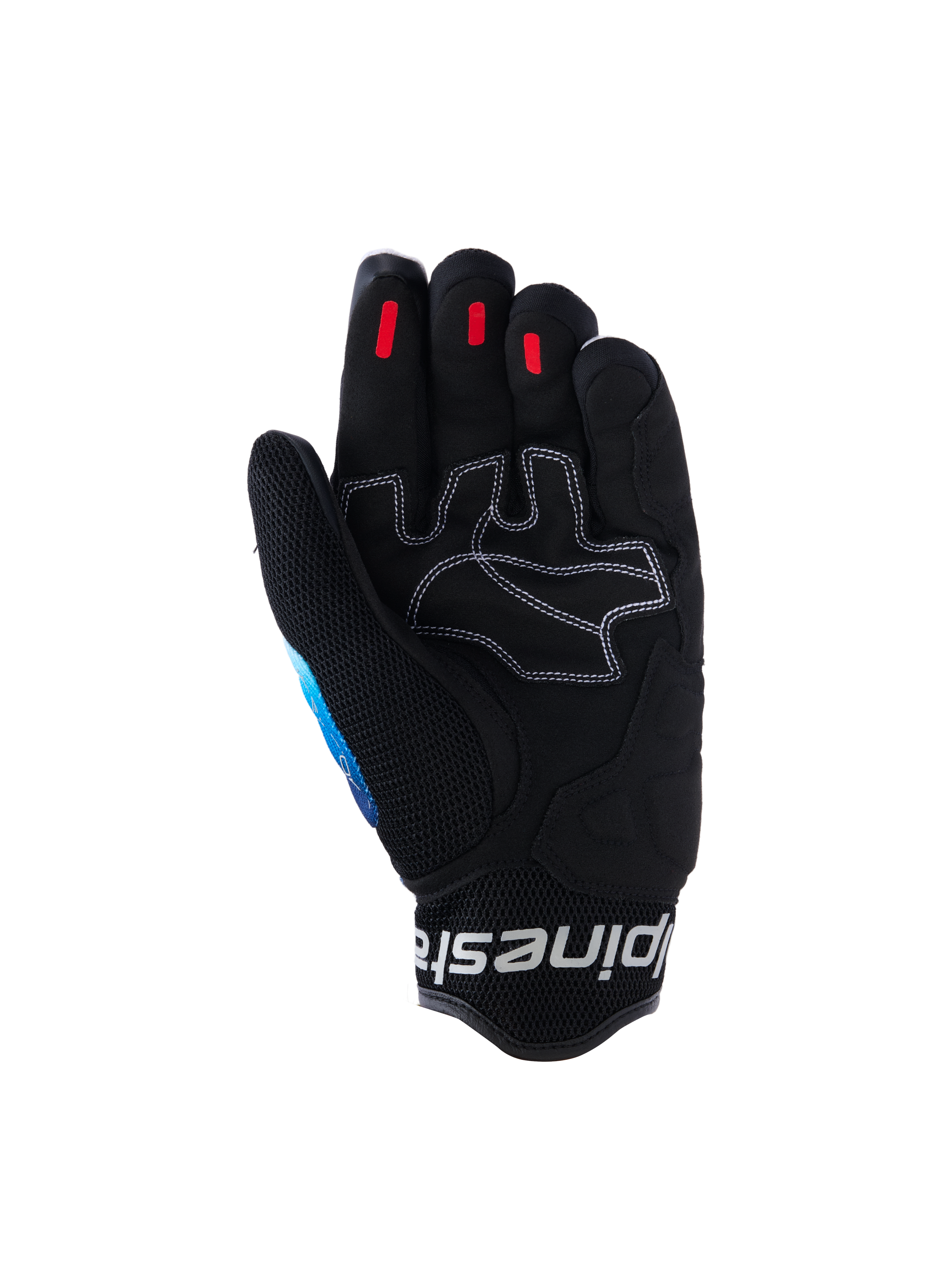 Alpinestars Mogress Airflow Handschuhe, Urbane Motorradhandschuhe, Fading Blau-Schwarz, Handflächenansicht mit verstärktem Kunstleder und weißen Kontrastnähten, roten Silikon-Grip-Einsätzen an den Fingerspitzen und schwarzer 3D-Mesh-Manschette mit weißem Logo-Branding.