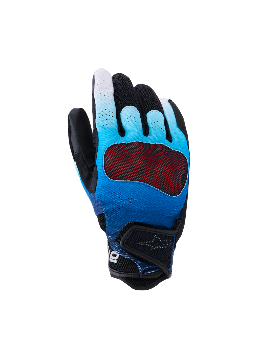 Alpinestars Mogress Airflow Handschuhe, Motorradhandschuhe, Blau und Schwarz verlaufend, mit rotem, durchsichtigem Knöchelschutz, atmungsaktiver perforierter Oberhand mit 3D-Mesh-Einsätzen, kurzer Manschette mit verstellbarem Riemen, urbanes Design