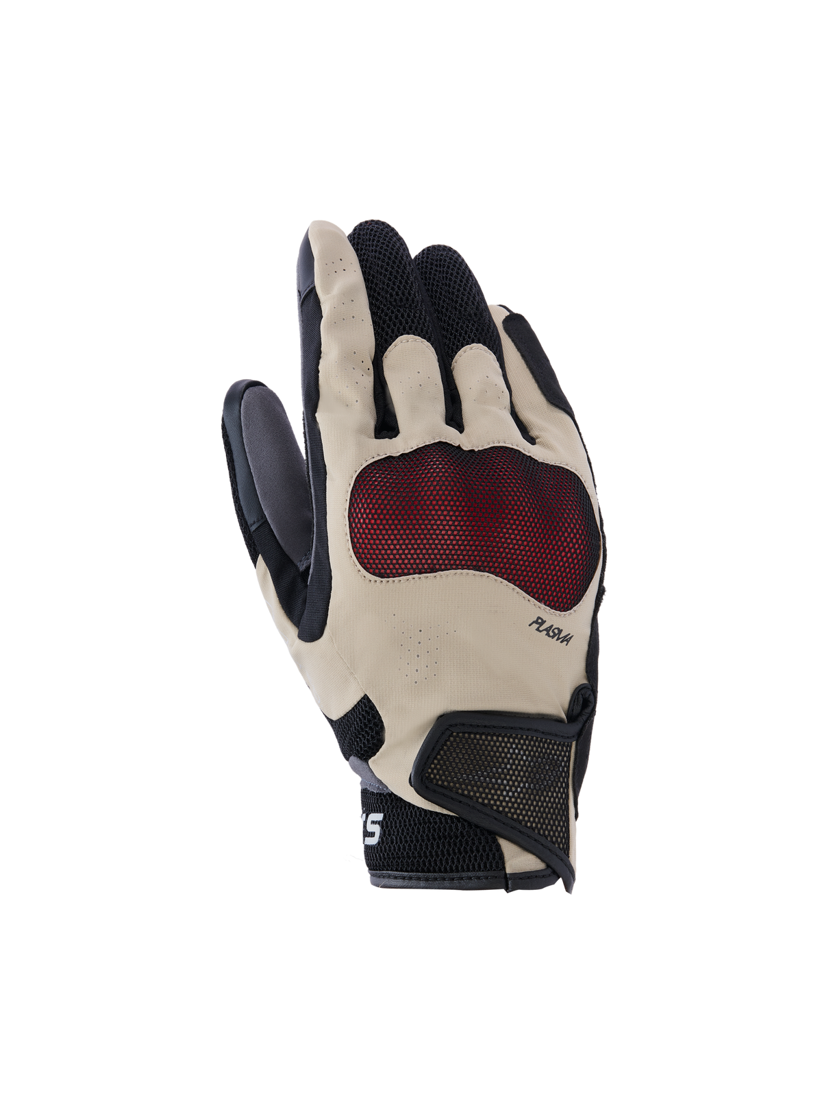 Alpinestars Mogress Airflow Gloves, Motorcycle Gloves, Beige Black and Red, featuring red Nucleon Plasma knuckle protection, laser-perforated fingers, 3D mesh panels for airflow, and a short cuff with Velcro strap