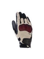 Alpinestars Mogress Airflow Gloves, Motorcycle Gloves, Beige Black and Red, featuring red Nucleon Plasma knuckle protection, laser-perforated fingers, 3D mesh panels for airflow, and a short cuff with Velcro strap