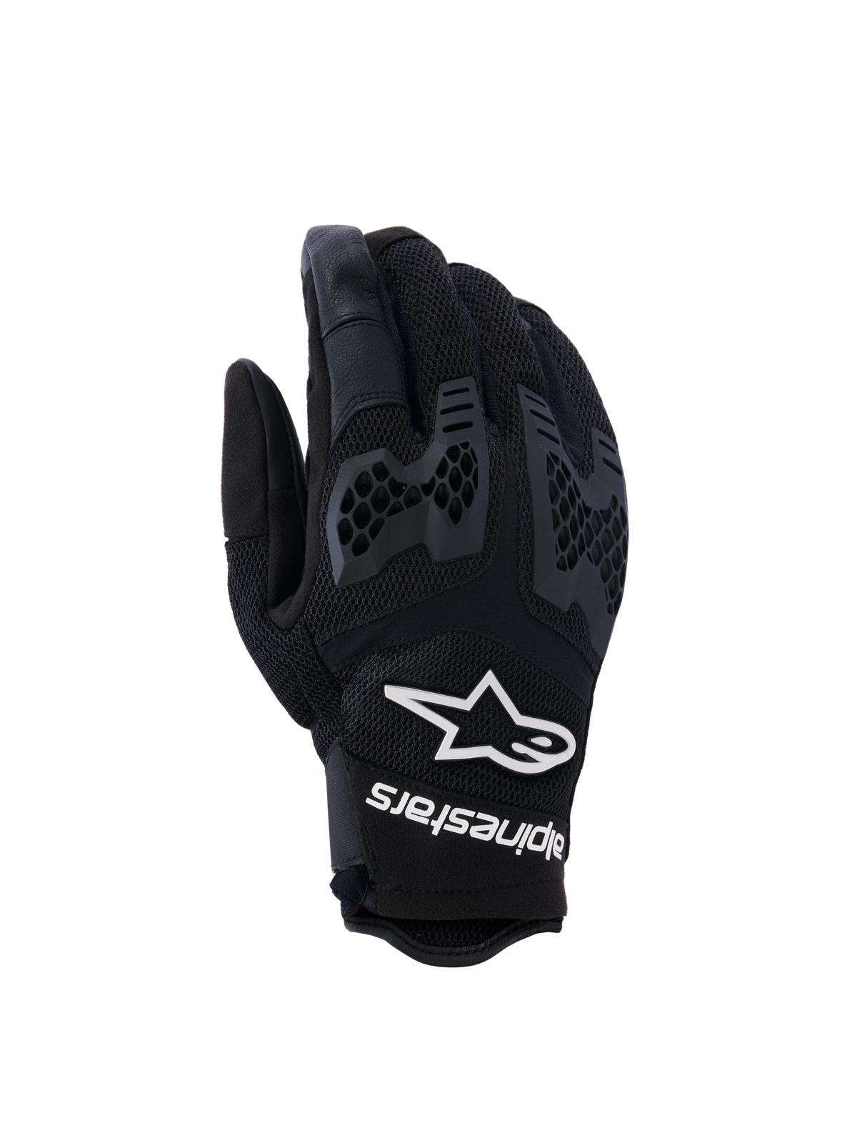 Alpinestars Manti Air Handschuhe, Motorradhandschuhe, Schwarz, mit atmungsaktivem Mesh und strukturiertem Waben-Knöchelschutz, weißes Alpinestars Logo und Schriftzug am Handgelenk, leichtes Design für Adventure-Fahrten im Sommer