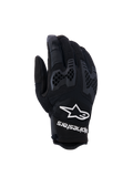 Alpinestars Manti Air Gloves, Motorcycle Riding Gloves, Black, featuring breathable mesh and textured honeycomb knuckle protection, white Alpinestars logo and text on the wrist, lightweight design for summer adventure riding