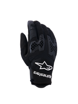 Alpinestars Manti Air Gloves, Motorcycle Riding Gloves, Black, featuring breathable mesh and textured honeycomb knuckle protection, white Alpinestars logo and text on the wrist, lightweight design for summer adventure riding