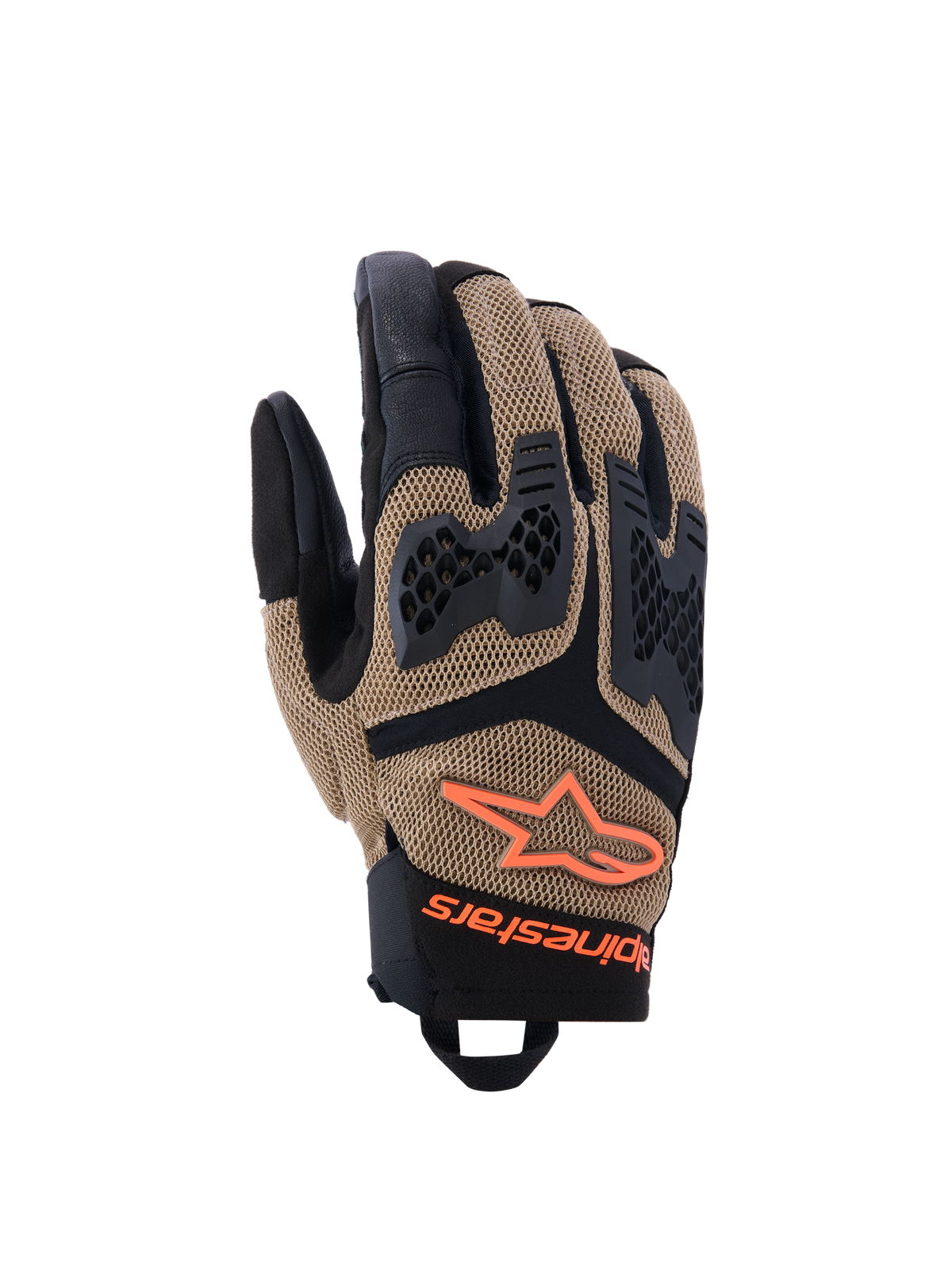 Alpinestars Manti Air Handschuhe, Motorradhandschuhe, Dunkles Khaki und Schwarz mit fluoreszierenden orangefarbenen Akzenten, 3D-Stretch-Mesh-Konstruktion, eingespritzter Knöchelschutz mit perforiertem Design, orangefarbenes Stern-Logo, sicherer Handgelenkverschluss, konzipiert für Sommer-Abenteuer und Straßenfahrten