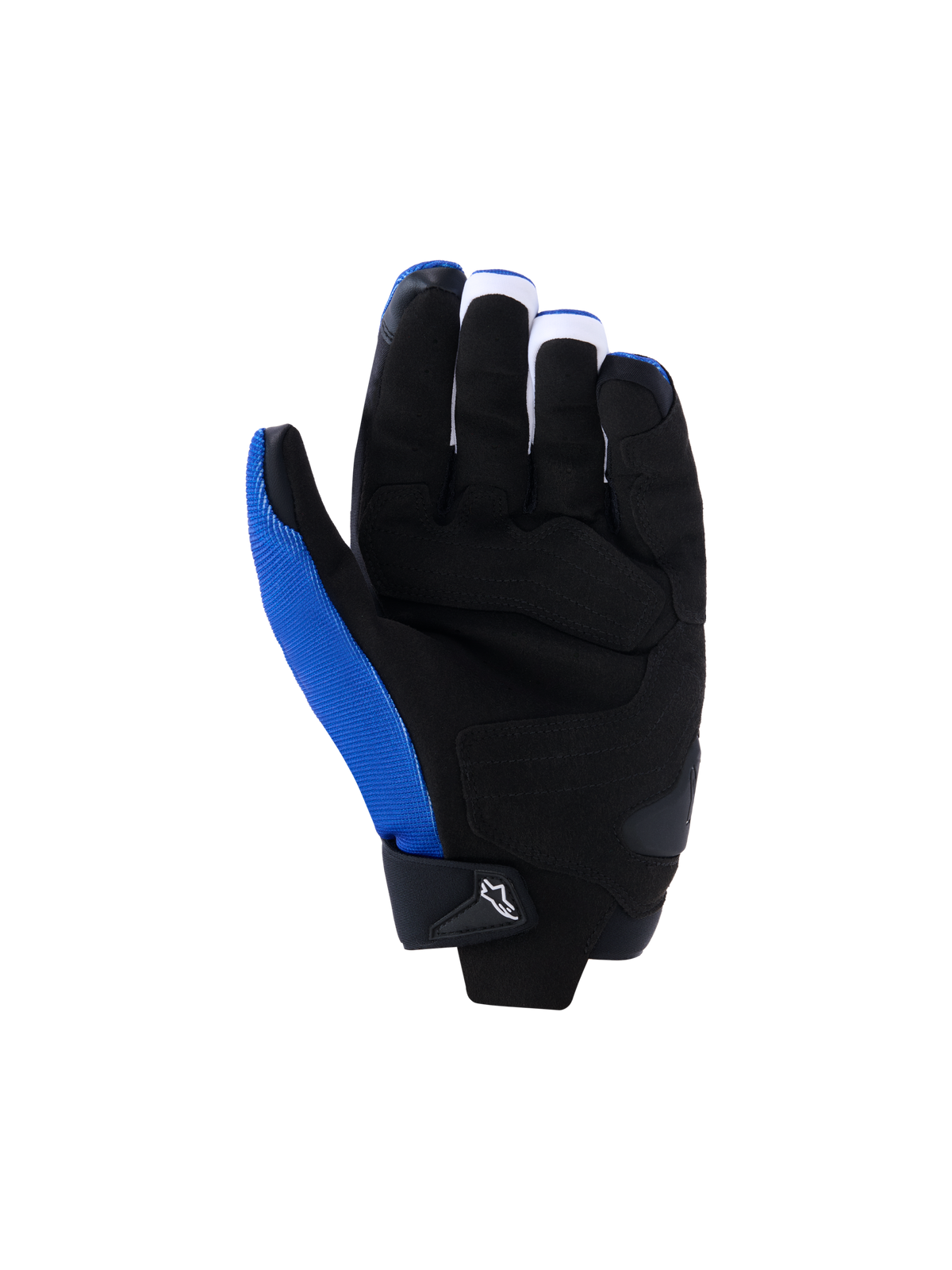 Alpinestars FQ20 SP X 1 Handschuhe, Motorradhandschuhe, Blau, Schwarz und Red Fluo, Handflächenansicht mit schwarzer Synthetiklederkonstruktion, verstärkten Griffflächen und Aufprallzonen, blauem Textil an der Daumenseite, schlankes Sport-Racing-Design
