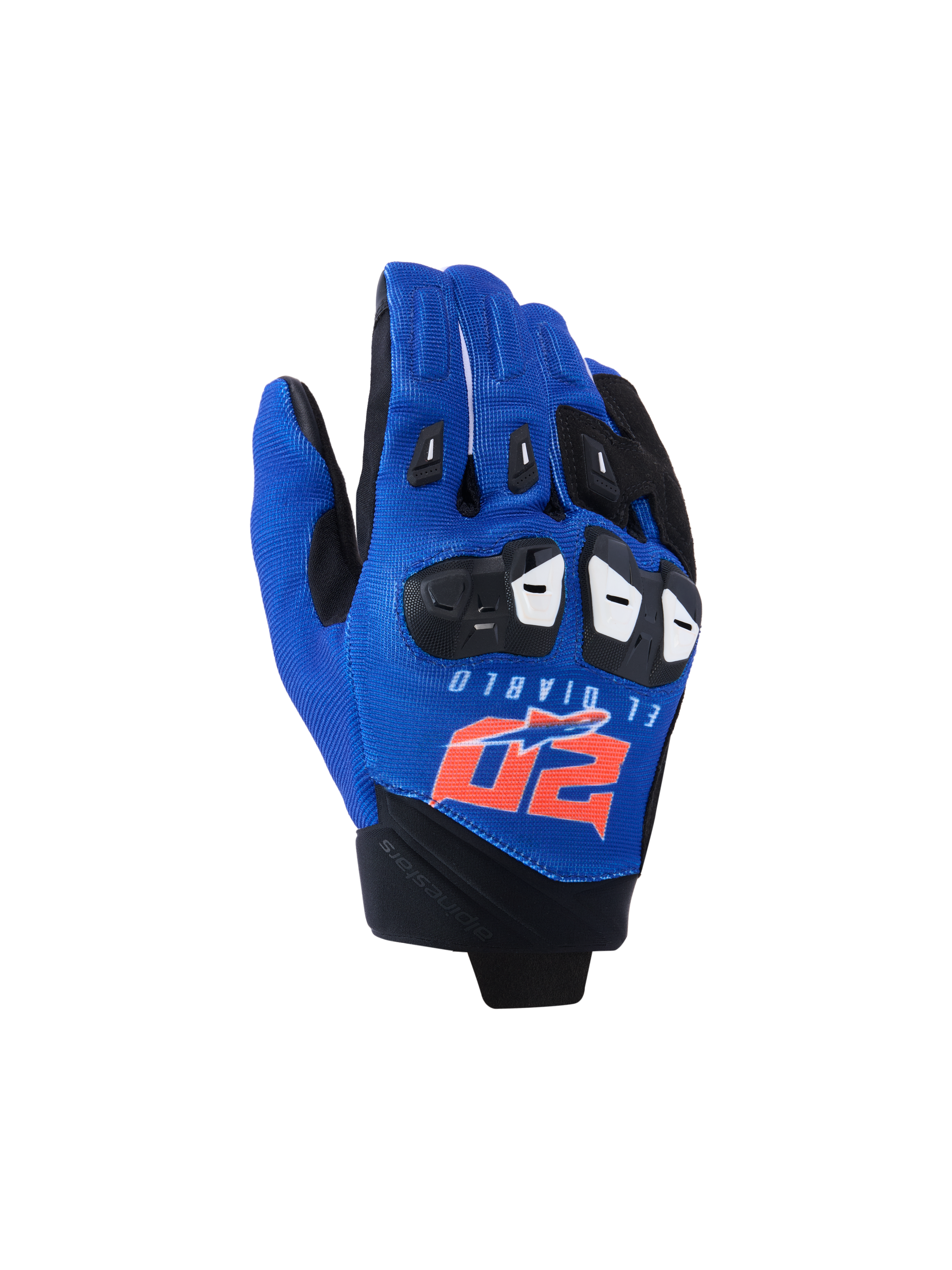 Alpinestars FQ20 SP X 1 Handschuhe, Sport-Motorradhandschuhe, Blau/Schwarz/Rot Fluo, mit El Diablo und 20 Branding auf der Oberhand, Textil-Mesh-Oberseite mit schwarzem Knöchelschutz, stromlinienförmiges Design für Rennsport und sportliches Fahren