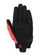 Alpinestars MM93 SP X 1 Gloves, palm view, Black and Red Fluo, synthetic leather construction with perforated palm, reinforced sections, TPR slider on the palm, and velcro wrist strap with Alpinestars logo.