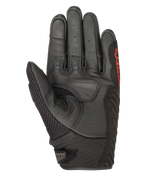 Alpinestars SMX-1 Air V2 Handschuhe, Schwarz und Fluo-Rot, Innenhandansicht mit perforiertem Leder, Mesh-Daumeneinsatz, verstärkten Grip-Zonen und rotem Branding, konzipiert für Motorrad-Straßenfahrten im Sommer