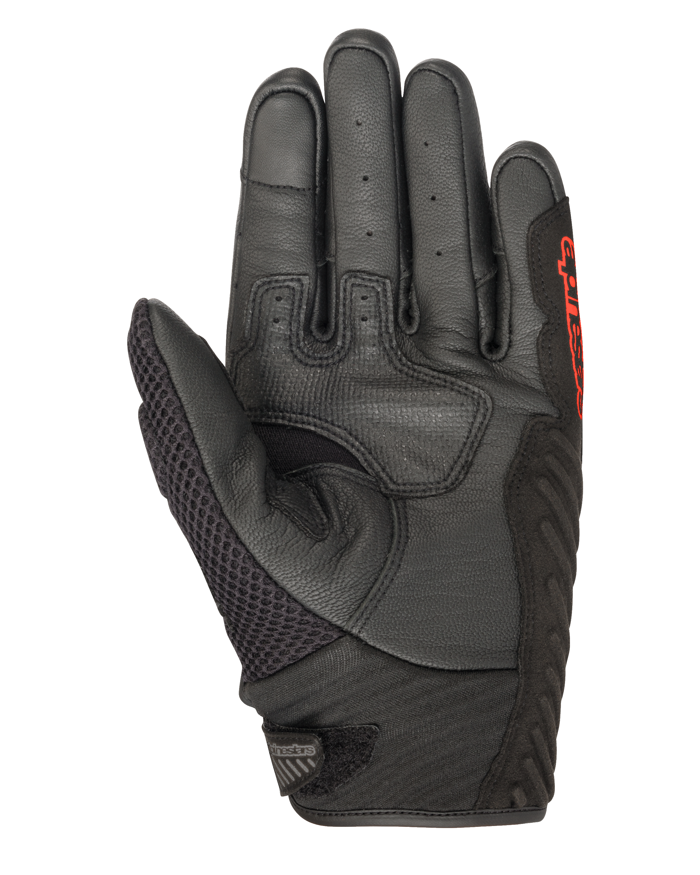 Alpinestars SMX-1 Air V2 Handschuhe, Schwarz und Fluo-Rot, Innenhandansicht mit perforiertem Leder, Mesh-Daumeneinsatz, verstärkten Grip-Zonen und rotem Branding, konzipiert für Motorrad-Straßenfahrten im Sommer