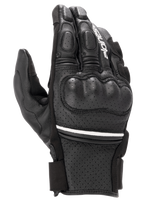 Alpinestars Phenom Leather Air Gloves, short-cuff motorcycle gloves, black with a thin white stripe, featuring perforated goat leather construction, hard knuckle protection, and padded fingers.
