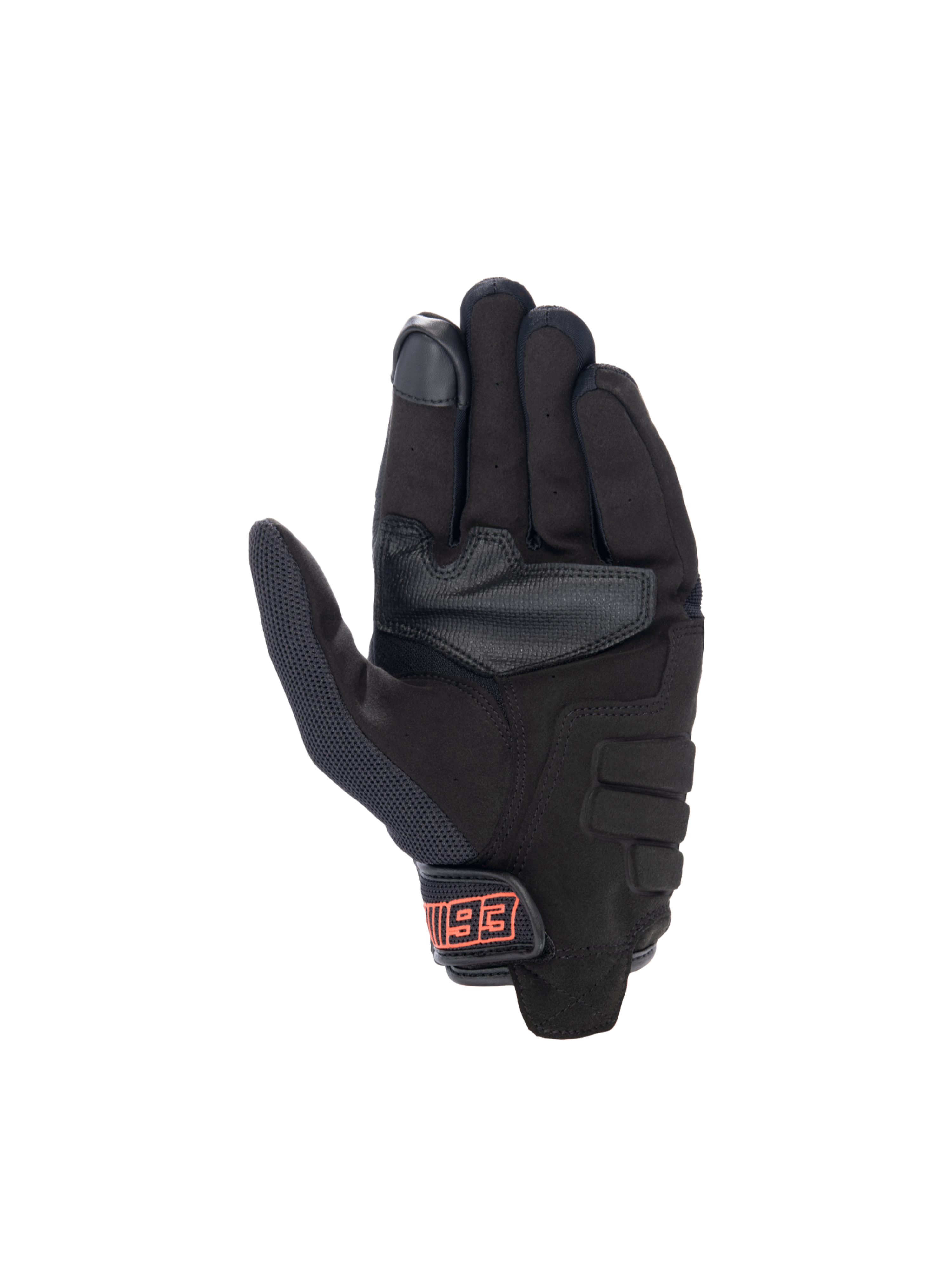 MM93 Losail V2 Handschuhe, Urban-Motorradhandschuhe in Schwarz und Rot, Handflächenansicht aus synthetischem Wildleder.