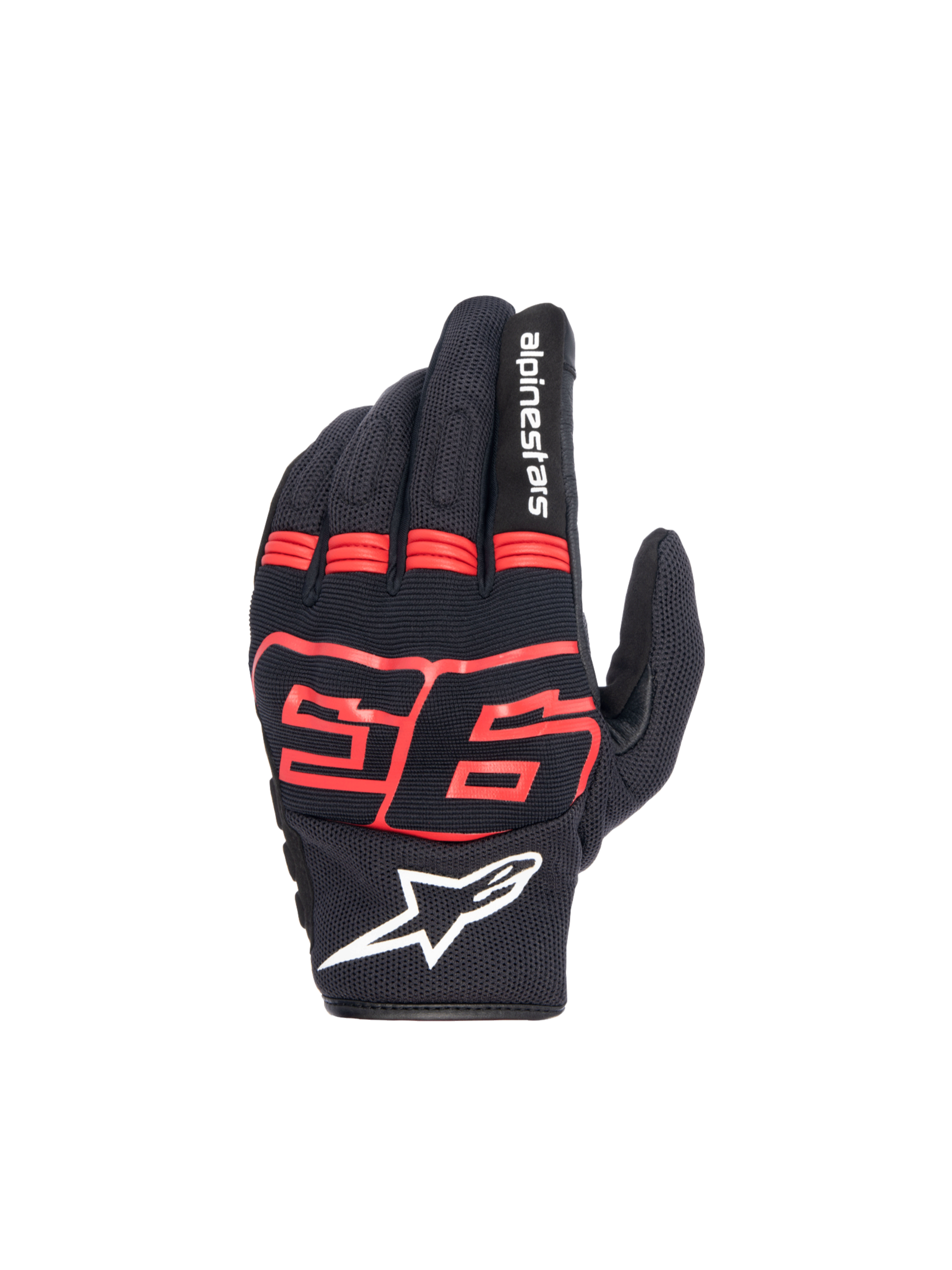 Alpinestars MM93 Losail V2 Handschuhe, Motorradhandschuhe, Schwarz und Rot Fluo, mit Hartknöchelschutz und MM93 Logo.
