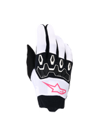 Alpinestars Stella Full Bore V2 Gloves, Women's Motocross Gloves, White and Black with Pink Fluo, featuring a pink star logo, black TPR knuckle protection, and breathable stretch fabric for off-road riding