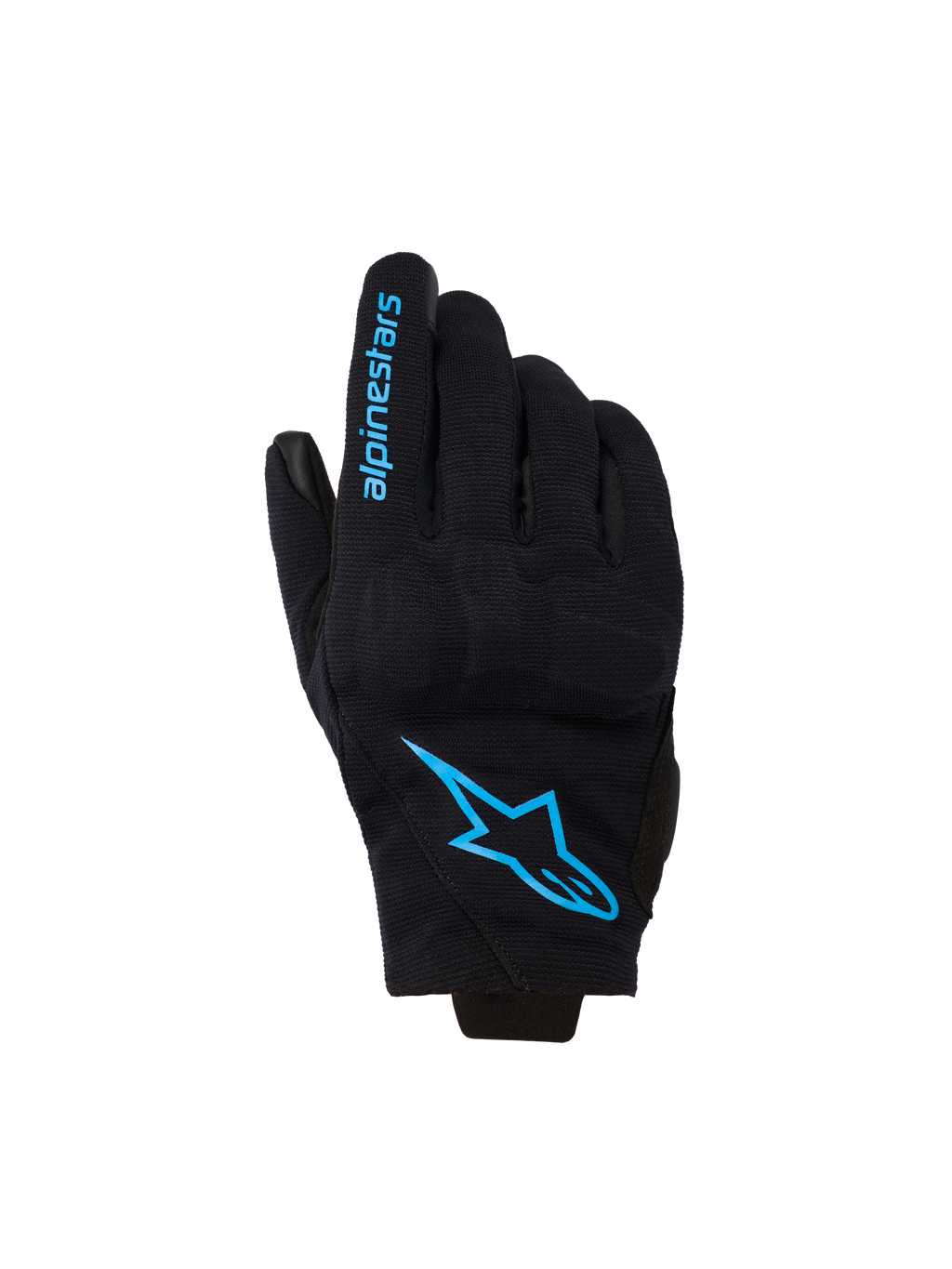 Alpinestars Reef Women's V2 Gloves, short cuff motorcycle gloves, black with bright blue Hawaiian Ocean branding, featuring Alpinestars logo on the backhand and text on the finger, urban riding style.