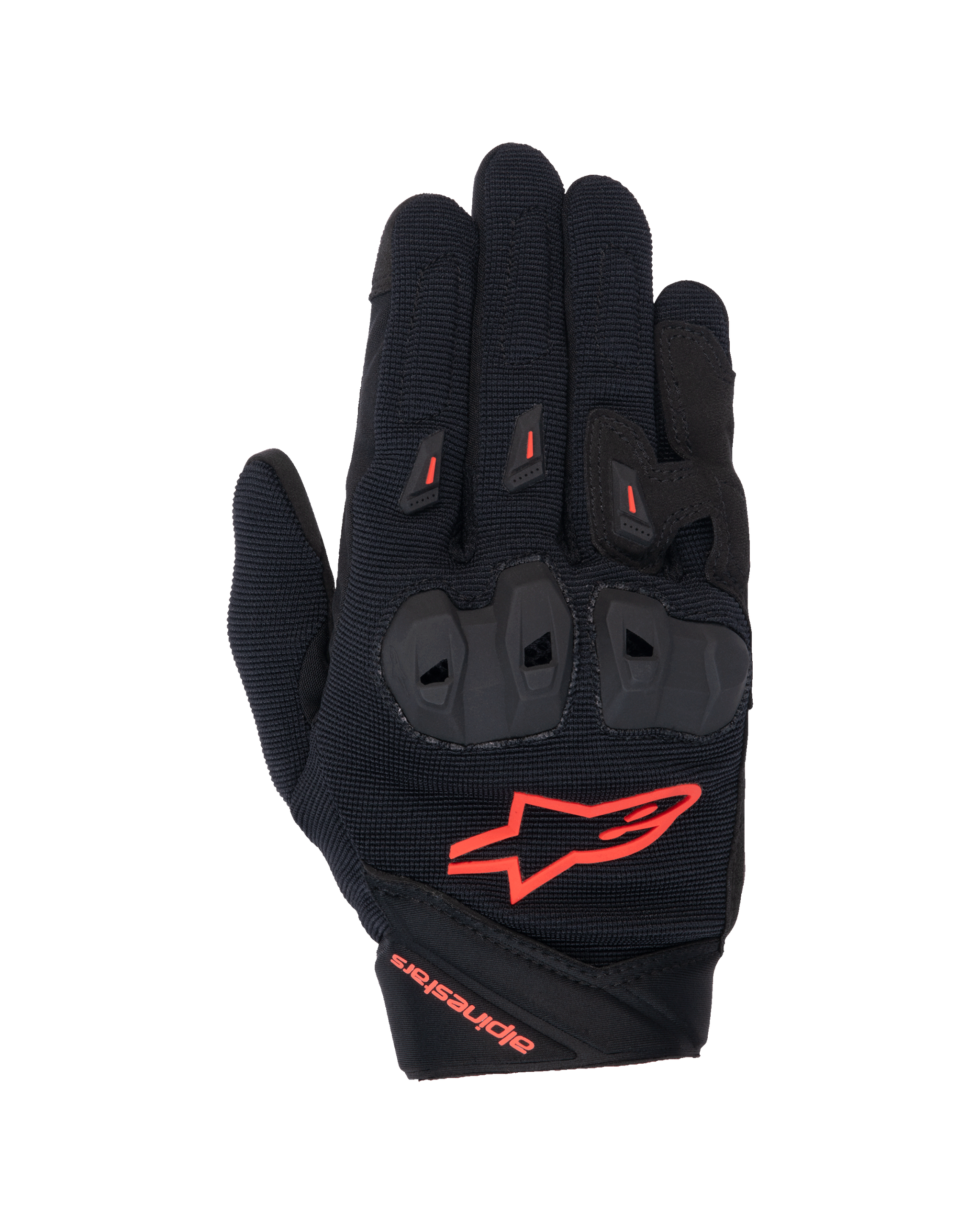 Alpinestars Woman Stella SP X 1 Gloves, Motorcycle Gloves, Black and Red Fluo, featuring ventilated TPR knuckle protection, breathable stretch fabric backhand, and prominent red fluo Alpinestars branding on the cuff and back of hand.
