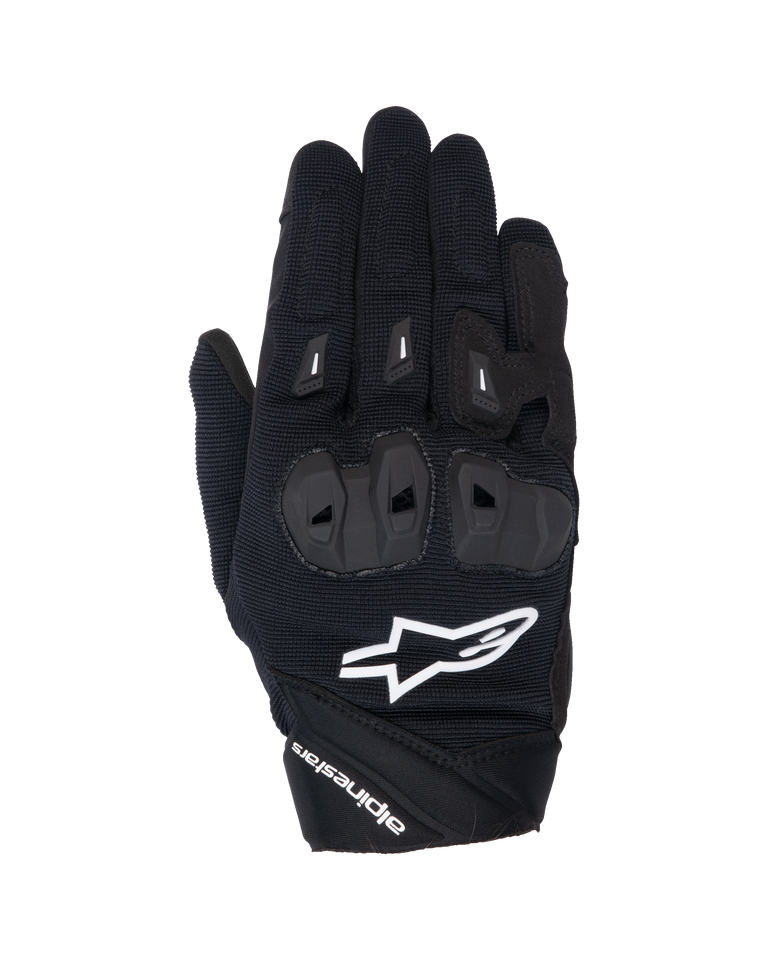 Alpinestars Stella SP X 1 Women's Motorcycle Gloves, Black and White, top view showing stretch fabric construction, prominent white Alpinestars logo, TPR knuckle protection, and protective finger sliders, sleek motorsport design