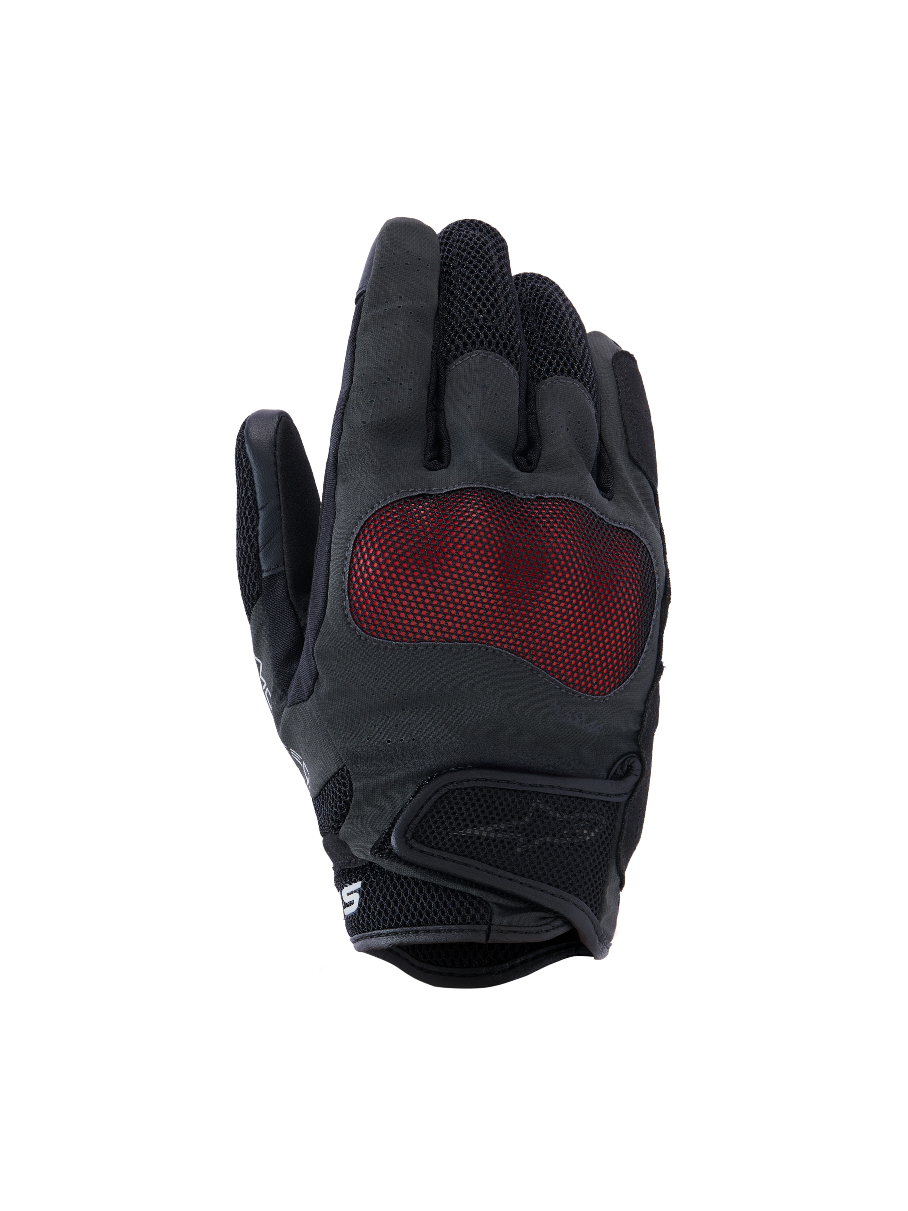 Alpinestars Stella Mogress Airflow Gloves, Women's Motorcycle Gloves, Anthracite Black and Red, features NUCLEON PLASMA knuckle protection with a red mesh overlay, laser-perforated backhand, 3D mesh inserts on fingers and cuff, short cuff with hook and loop closure, breathable urban riding design