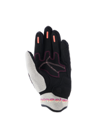 Alpinestars Stella Mogress Airflow Damen-Handschuhe, Motorradhandschuhe, Schwarz Ecru Fading Coral, Handflächenansicht mit weißem 3D-Mesh an Daumen und Bündchen, korallenroten Silikon-Grip-Streifen an den Fingern und pinkfarbenen Nahtakzenten
